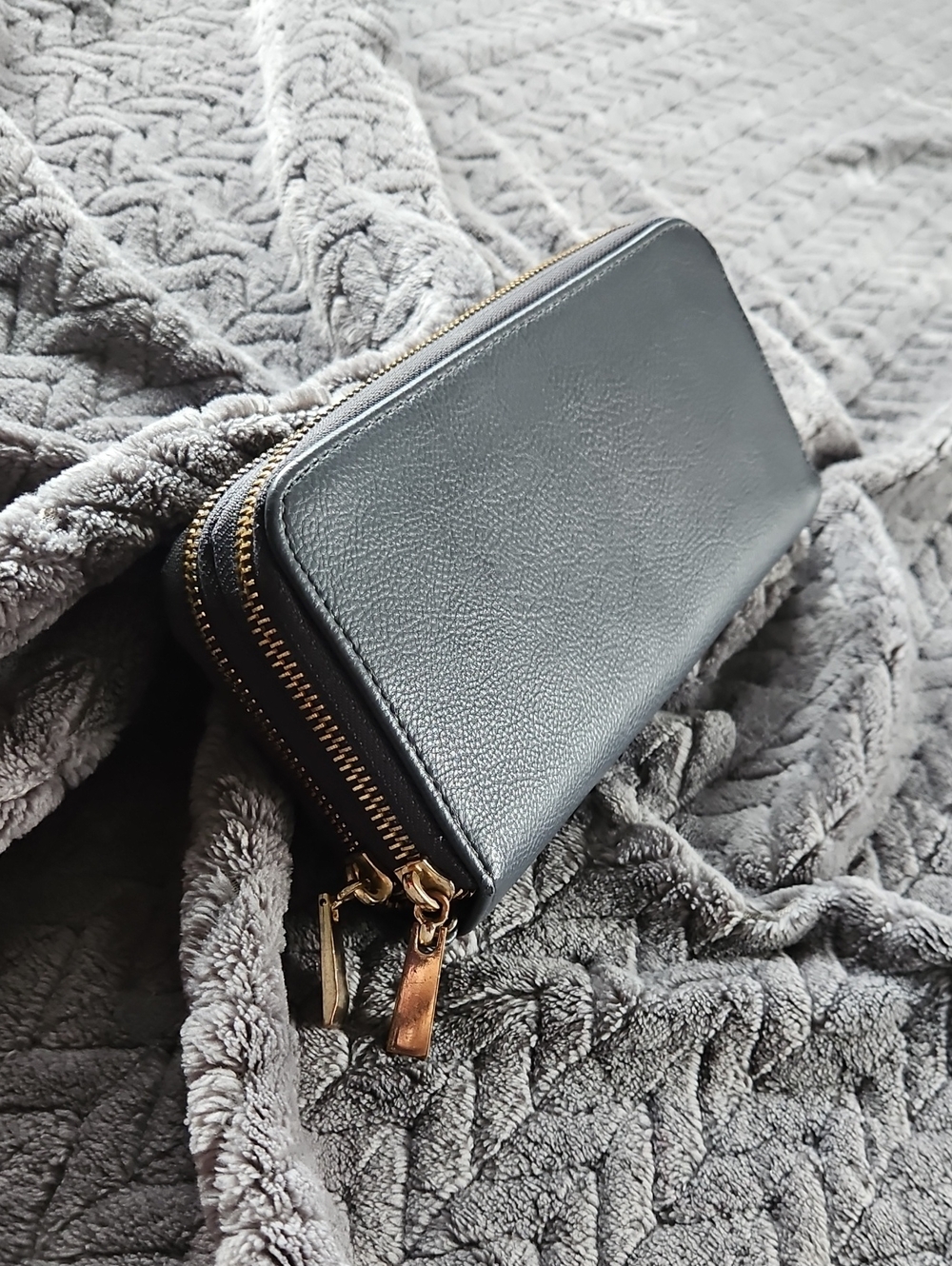 A New Day Brand Classic Dark Grey- Blue Leather Zip Wallet